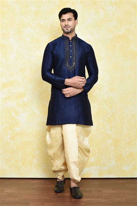 Buy Blue Art Silk Embroidered Placket Kurta And Cream Dhoti Pant Set