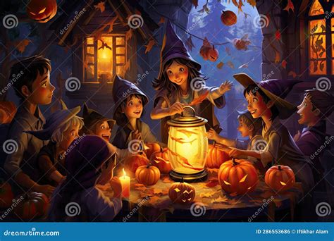 Halloween Scene with Witch and Kids in Haunted House, Illustration for ...