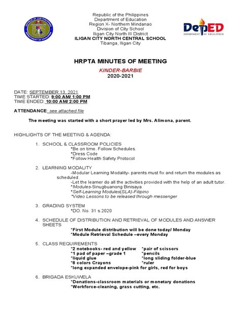 Hrpta Minutes Of Meeting 2019 2020 Download Free Pdf Behavior