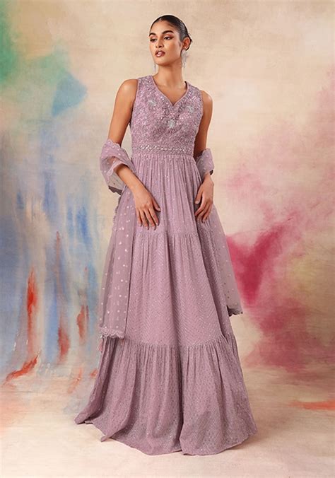 Buy Women Mauve Sequin Thread Embroidered Anarkali Gown With Dupatta