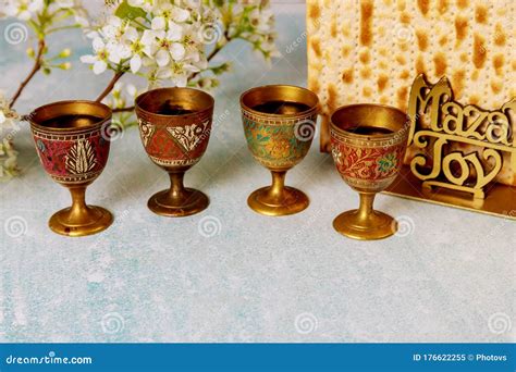 Jewish Holiday Passover With Matzah Pesah Celebration Four Cup Of Kosher Wine Stock Image