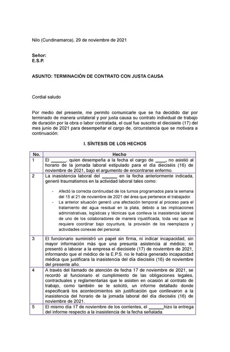 Terminacion Terminación De Contrato Con Justa Causa Nilo Cundinamarca 29 De Noviembre De