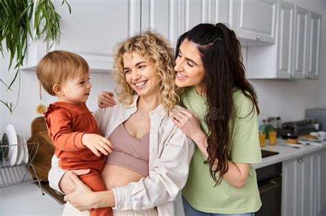 Beautiful Joyful Lesbian Couple In Homewear Stock Image Image Of Kitchen Parents 301394919