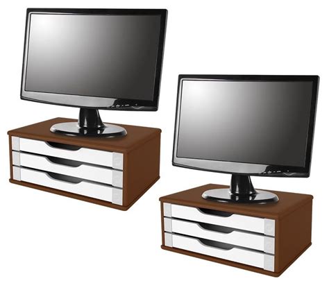 Conj 2 Suporte De Mesa Para Monitor Em MDF Tabaco 3 Gavetas Brancas