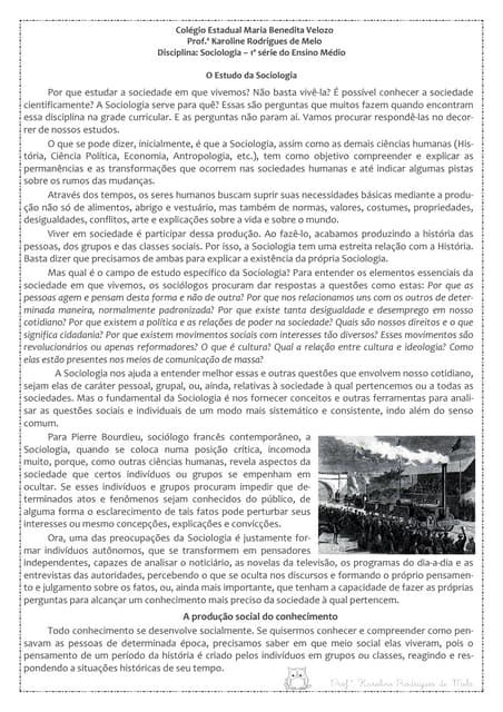 1º Ano Sociologia Texto O Estudo Da Sociologia Pdf