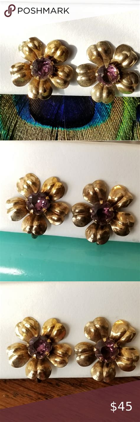 Vintage Van Dell Flower Earrings Screwback Gold Fi Gold Fi Purple