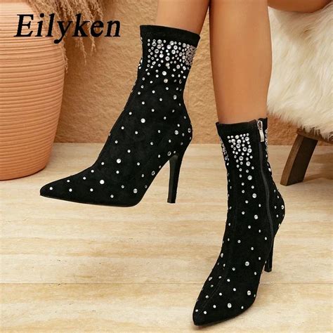 Eilyken CRYSTAL Rhinestone Woman Ankle Boots Thin Sexy High Heels