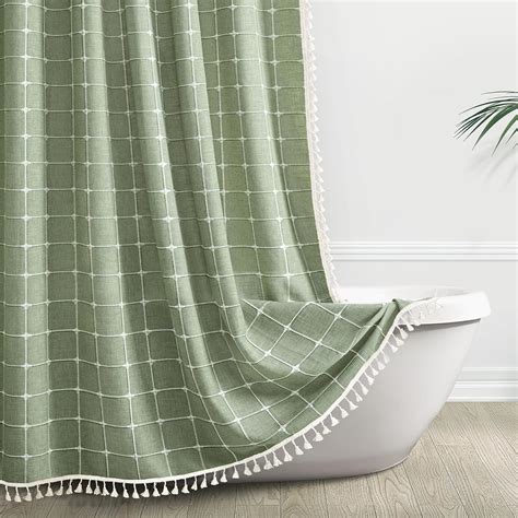 Awellife Sage Green Farmhouse Shower Curtain With Tassels Country Cottage Lattice