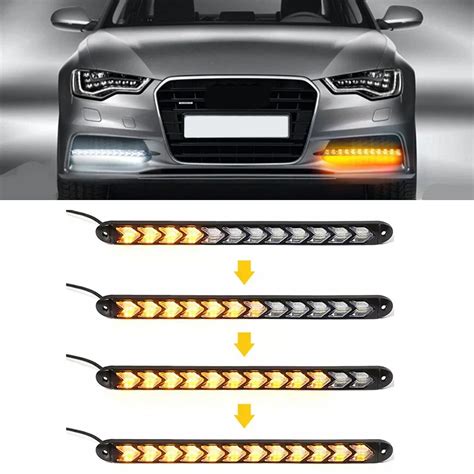 2pcs Led Car Daytime Running Light Strip 12v Waterproof Sequential Flexible Yellow Arrow