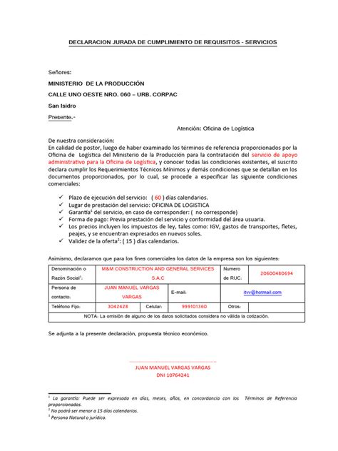 Carta Declaracion Jurada Servicios Pdf Logística