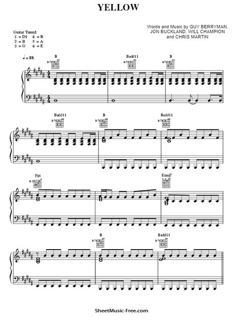 Yellow Sheet Music Coldplay Piano Sheet - ♪ SHEETMUSIC-FREE.COM