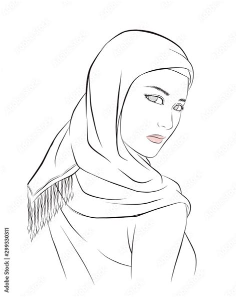 Line Drawing Of Muslim Girl With Hijab Arab Woman Vector Illustration