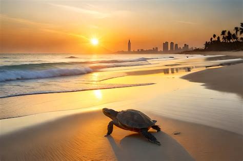 Premium Photo | A turtle on the beach at sunset