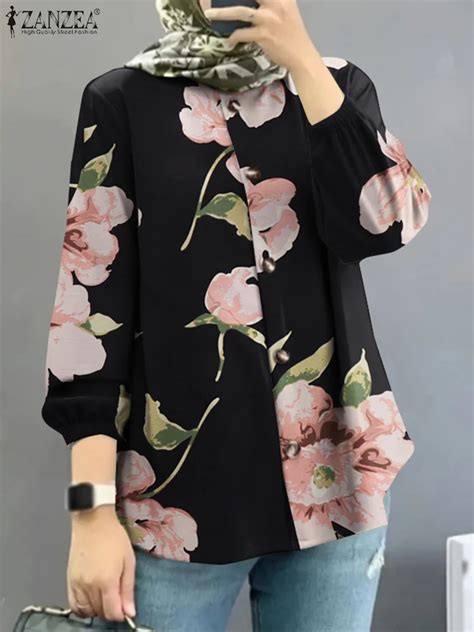 Bohemian Floral Blouse Muslim Hijab Tops Women Lapel Long Sleeve