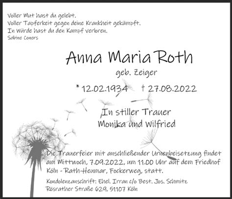 Traueranzeigen Von Anna Maria Roth Wirtrauern