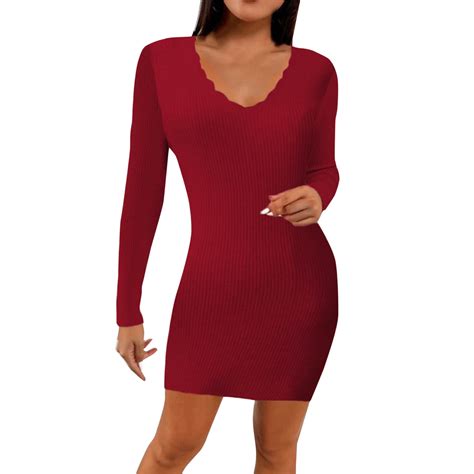 Gdreda Plus Size Formal Dress Womens Sexy Long Sleeve Slim Fit Sexy Package Hip Elegant Knit