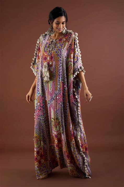 Buy Multi Color Crepe Printed Tassel Round African And Embroidered Kaftan For Women By Payal