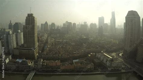 Smoggy Shanghai Skyline Day Time Lapsea Pollution Filled Chinese City