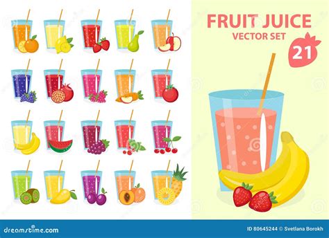 Fruit Juice In Glass Vector Illustration Set Fresh Juices Icon Stock