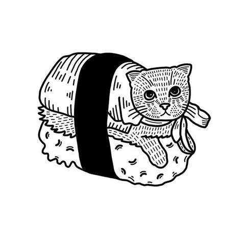 A Black And White Drawing Of A Cat Sitting On Top Of A Sushi Roll