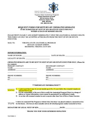 Fillable Online Request Form For The Return Of Cremated Remains Fax