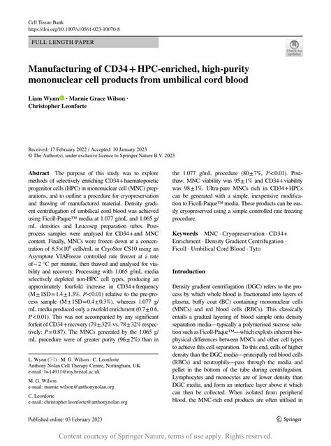 Manufacturing Of CD34 HPC Enriched High Purity Mononuclear Cell