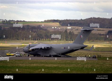 An RAF C-17 transport aircraft at Edinburgh Airport after travelling ...