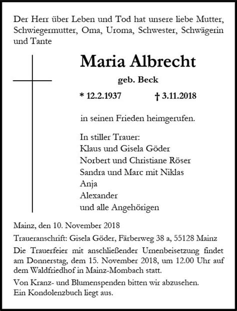 Traueranzeigen Von Maria Albrecht Vrm Trauer De