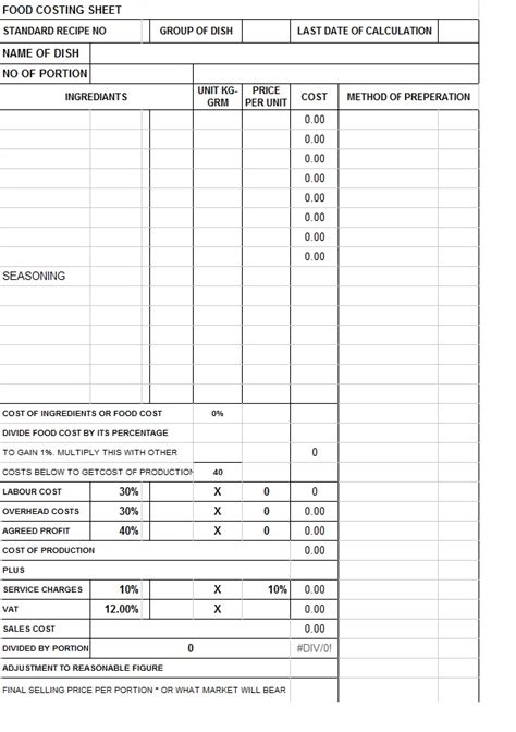 Food Costing Calculator ~ Template Sample