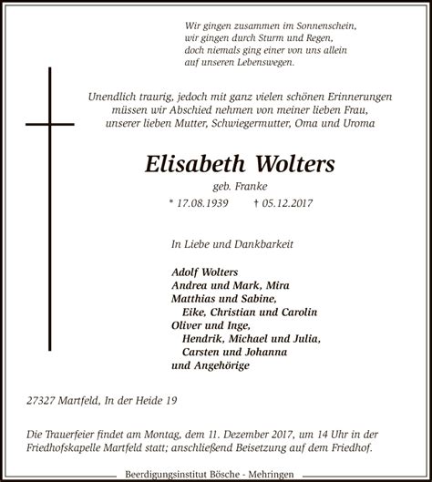 Traueranzeigen Von Elisabeth Wolters Trauer Kreiszeitung De