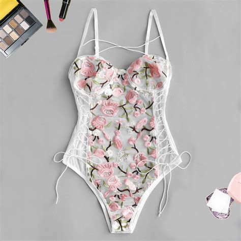 Embroidered Lace Bodysuit Women Sexy Lingerie Underwear One Piece With Spaghetti Strap Open Back