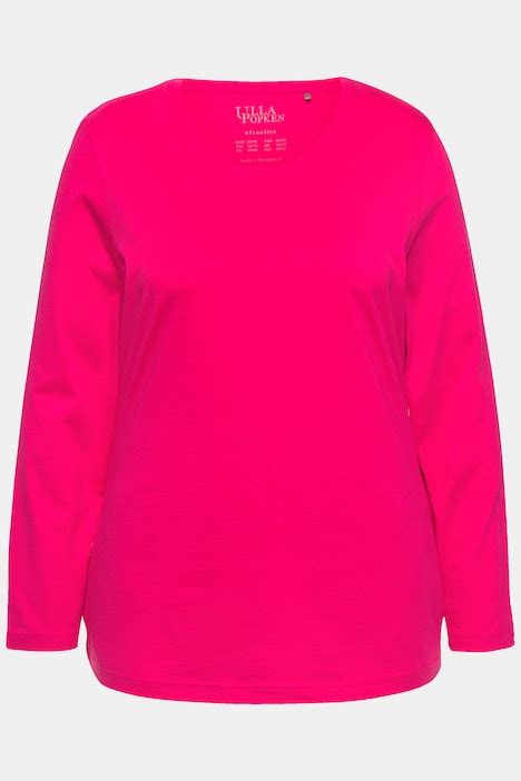 Basic Round Neck Long Sleeve Slim Fit Cotton Tee Red Pink Ulla Popken