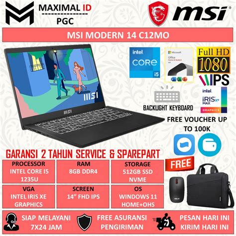 Jual MSI MODERN 14 C12MO INTEL I5 1235U RAM 8GB 512GB SSD FHD IPS