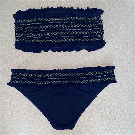 Tory Burch Costa Smocked Bandeau Bikini Swimsuit Navy Gem