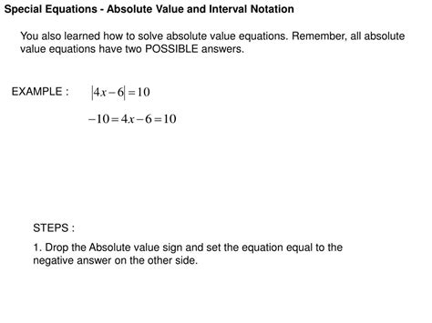 PPT - Special Equations - Absolute Value and Interval Notation ...