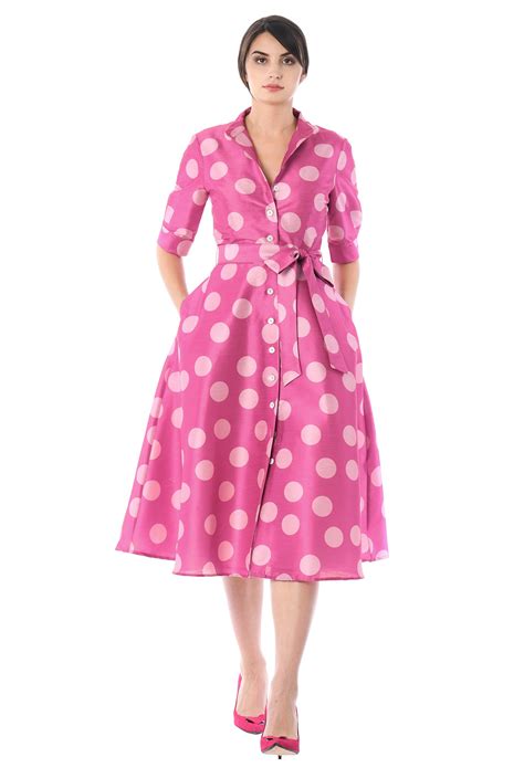 Shop Polka Dot Print Dupioni Shirtdress Eshakti