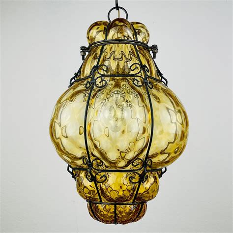 Venetian Yellow Murano Caged Glass Pendant Lamp Italy 1940s 265345