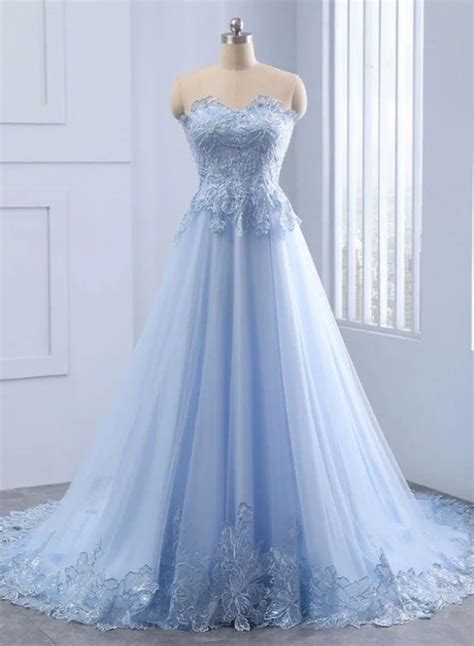 Light Blue Sweetheart Lace Applique Long Evening Gown Blue Prom