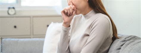 Female Unhealthy Sickness Asian Young Woman Girl Unwell And Coughing