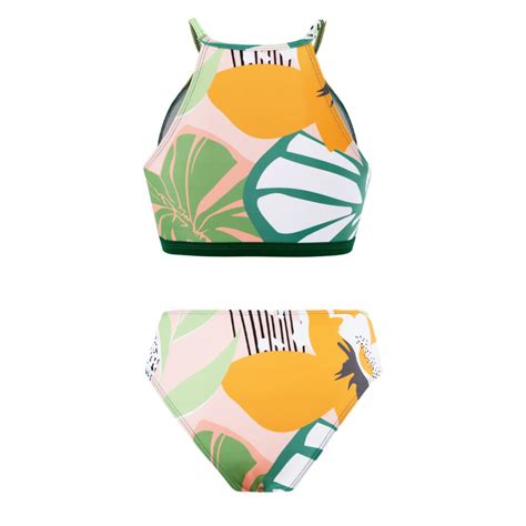 Tropical Print High Neck Bikini Set With Coverup Swimwear India