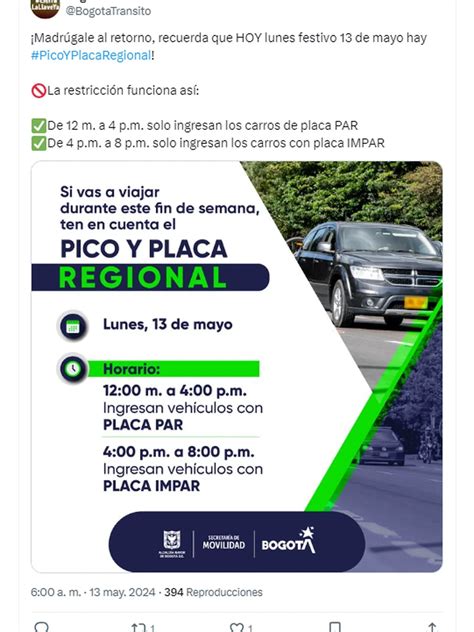 Pico Y Placa Regional En Bogotá El Lunes Festivo Del 13 De Mayo Habrá