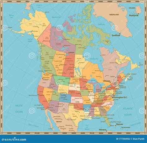 Old Vintage Color Political Map Of USA And Canada Stock Vector