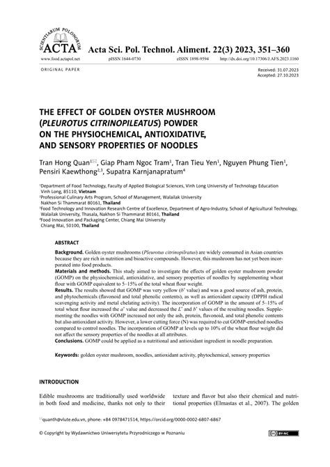 PDF THE EFFECT OF GOLDEN OYSTER MUSHROOM PLEUROTUS CITRINOPILEATUS