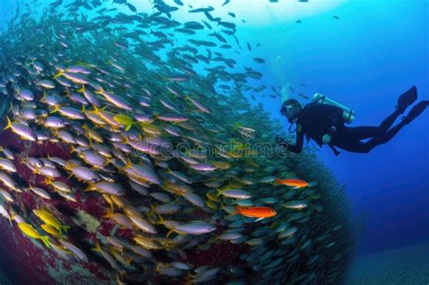 Scuba Diver Swimming With Schools Of Fish Surrounded By Vibrant Colors