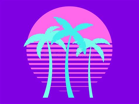 Sunset With Palm Trees In 80s Style Retro Futuristic Sun With Outline