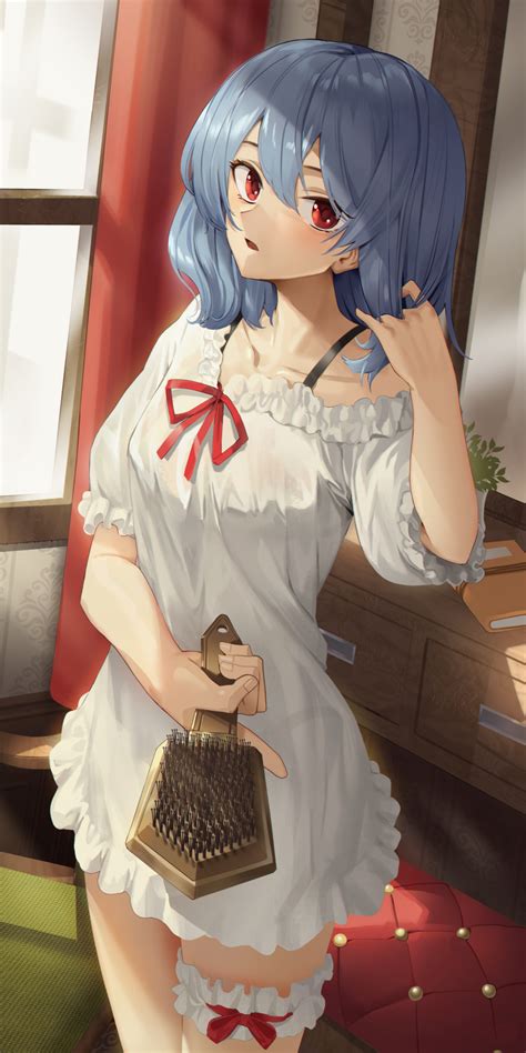 Safebooru 1girl Absurdres Blue Hair Blush Collarbone Comb Cowboy Shot Curtains Dress Frilled