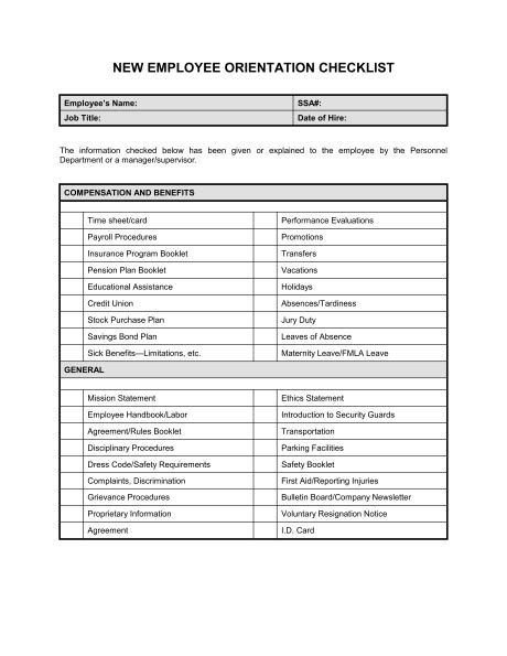 New Employee Orientation Checklist Excel Planner Template Free