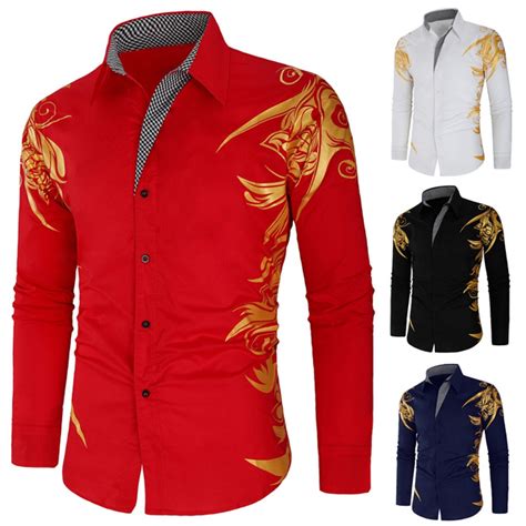 High Quality Men Print Gold Shirts Casual Shirts Slim Fit Fashion Long