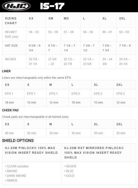 HJC IS-17 Helmet Size Chart