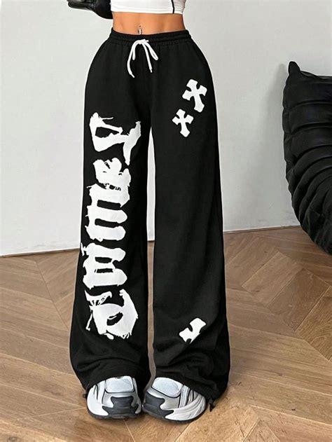 Pantalon de jogging droit décontracté avec imprimé lettres et nœud à l